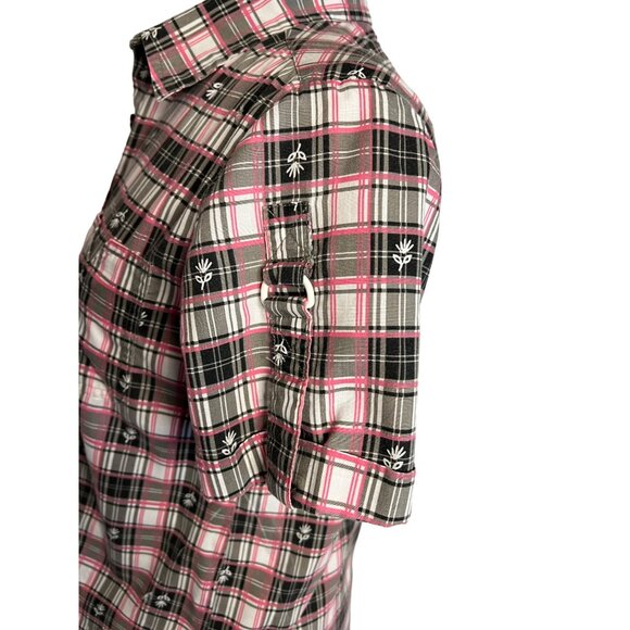 Adriana Delafield blouse medium short sleeve pink black pocket collar  FLAW - Picture 5 of 16